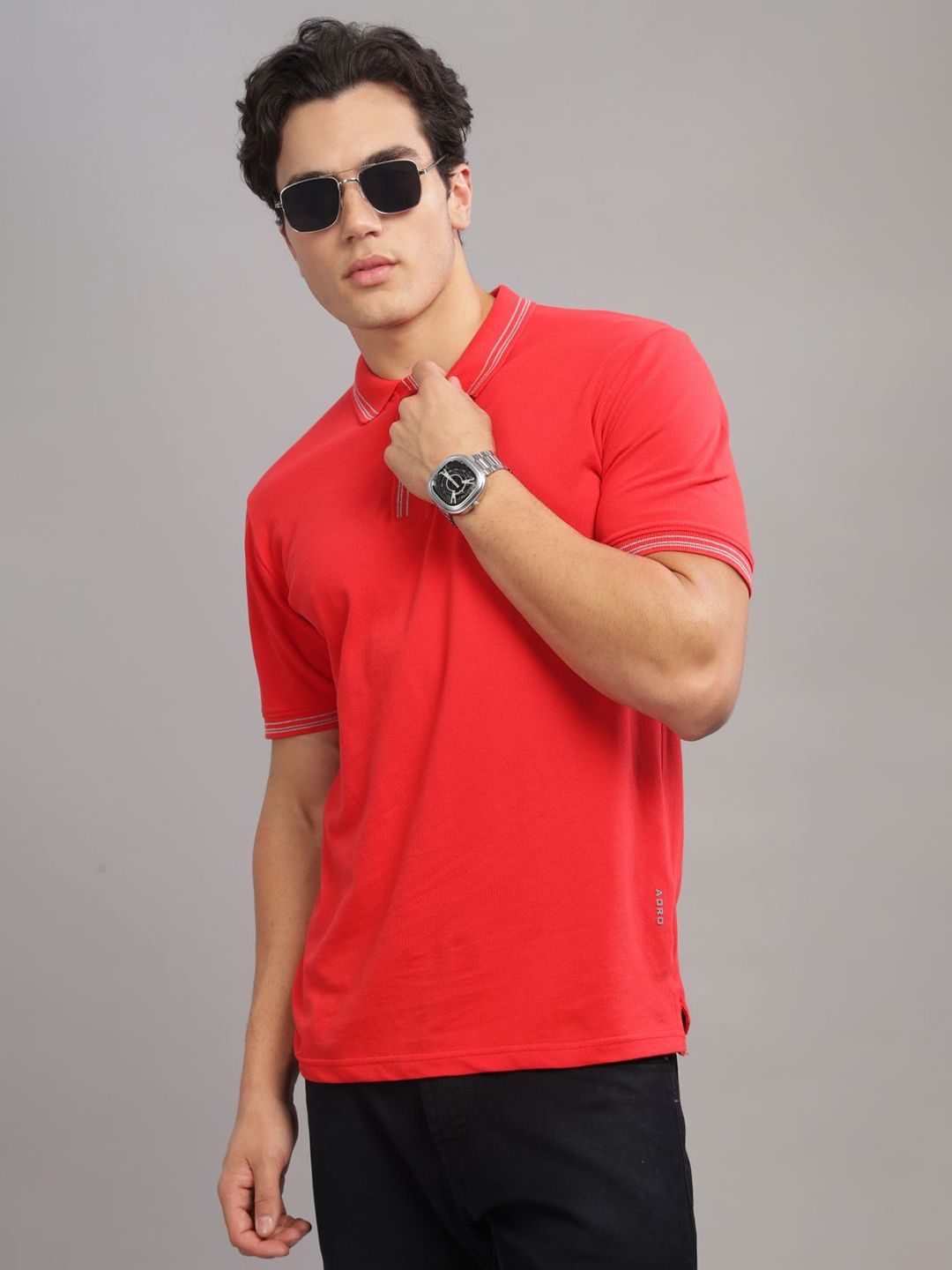 ADRO Men Polo Collar Applique T-shirt