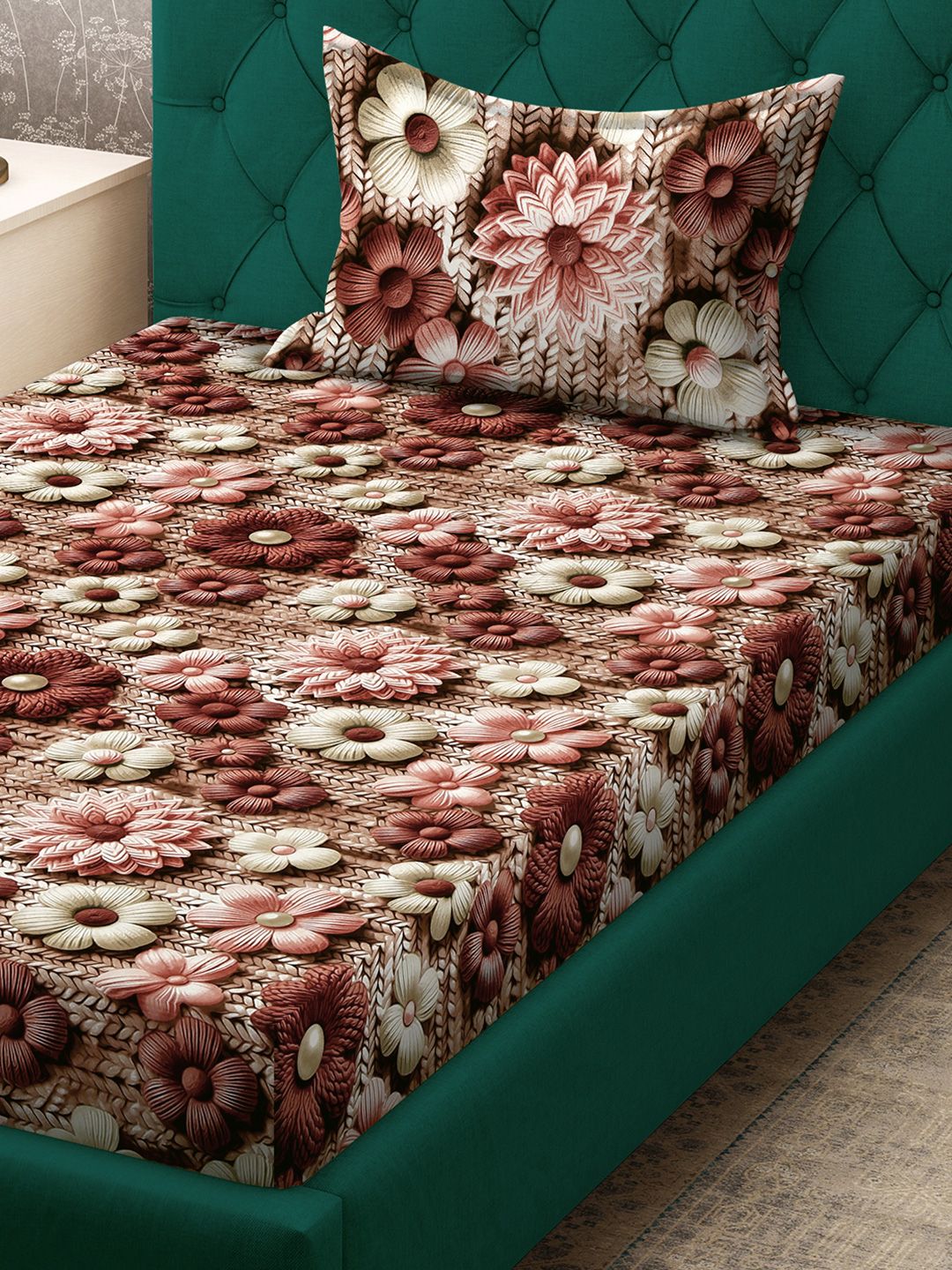 KLOTTHE Brown & Pink Floral Printed Fitted 300TC Single 7D Bedsheet With Pillow Cover