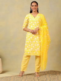 Mamicha Women Floral Printed Regular Mirror Work Pure Cotton Kurta with Trousers & With Dupatta