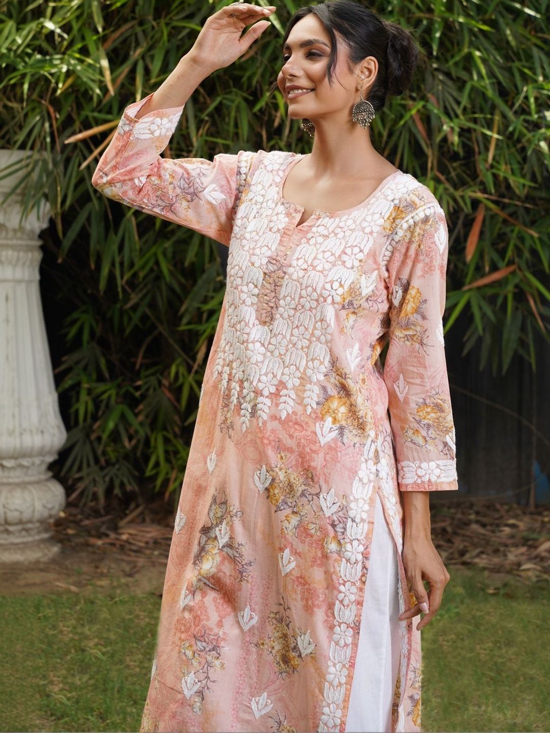 House of Chikankari Women Floral Printed Thread Work Indie Prints Kurta