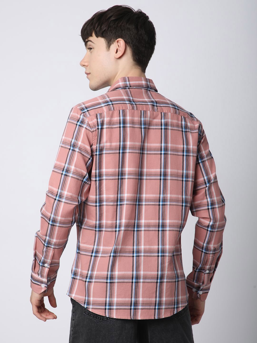 VASTRADO Premium Cotton Dark Peach Dupplin Checked Pure Cotton Shirt