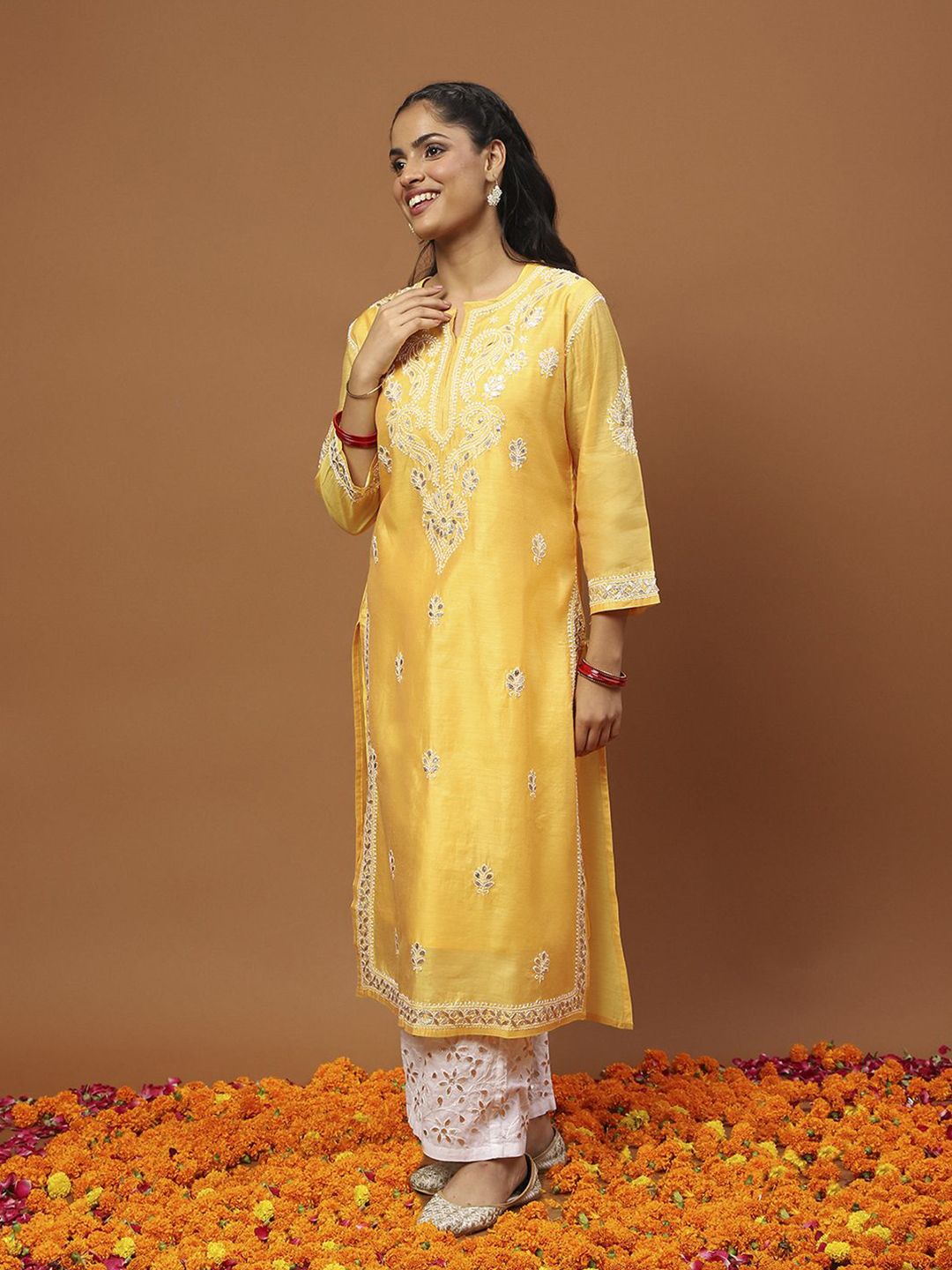 House of Chikankari Women Mustard Yellow Chanderi Chikankari Embroidered Kurta Set