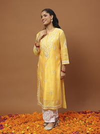 House of Chikankari Women Mustard Yellow Chanderi Chikankari Embroidered Kurta Set