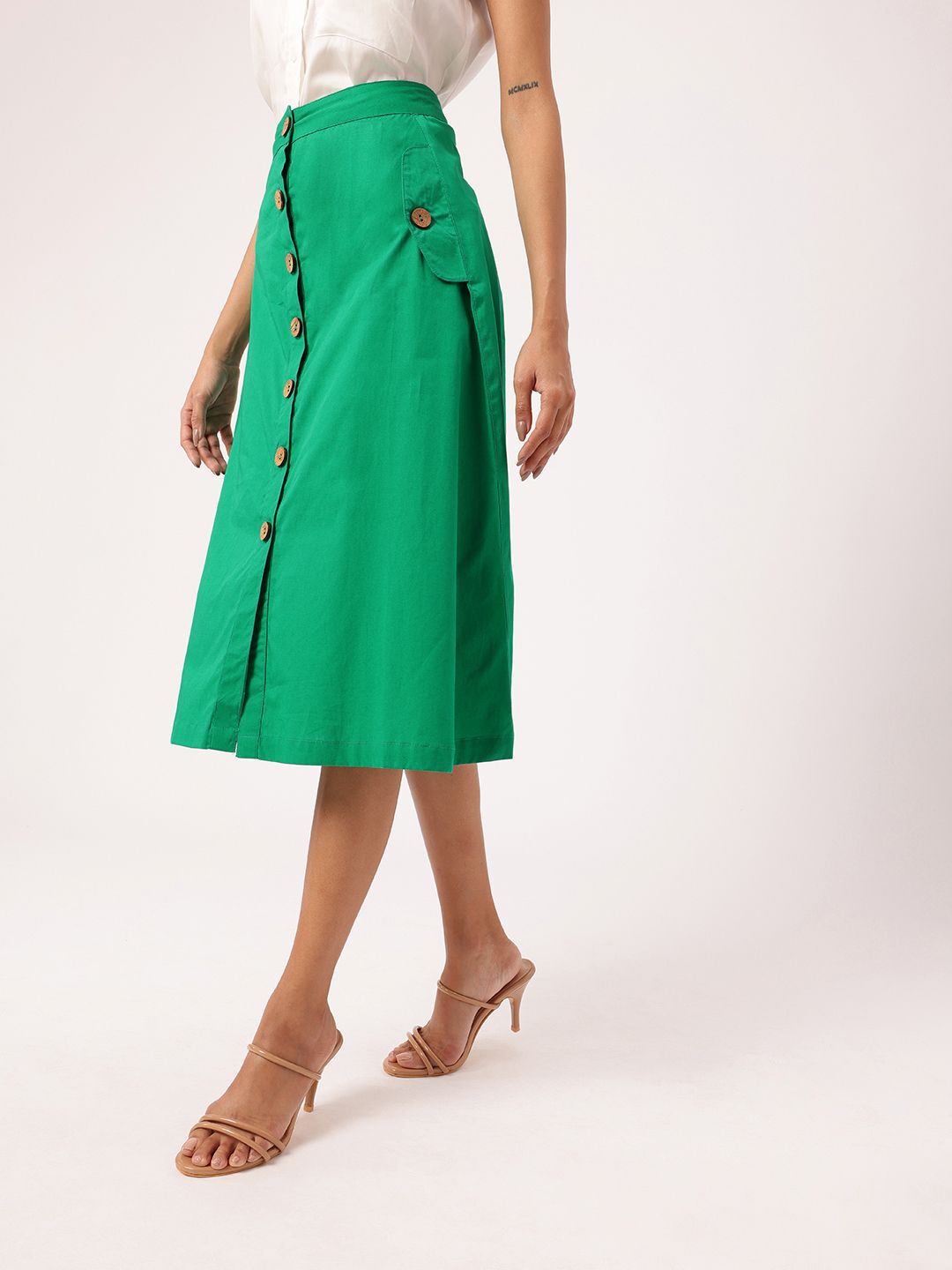 DressBerry Women Feminine Graceful Fresh Mock Button Pocket A-Line Skirt