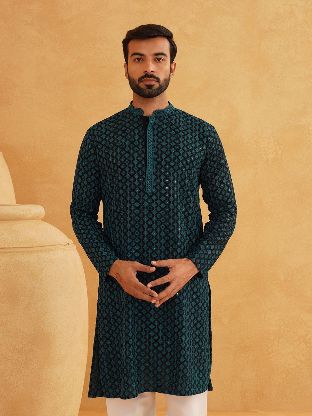 SOJANYA Floral Sequinned Mandarin Collar Pure Cotton Straight Long Kurta
