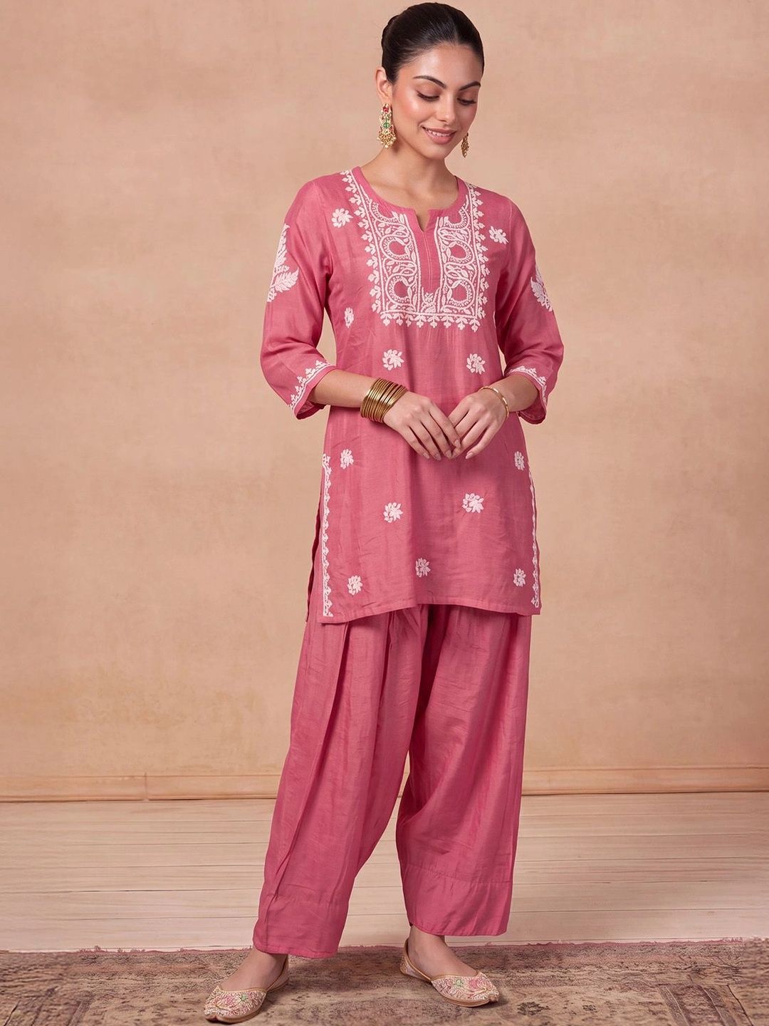 House of Chikankari Women Ethnic Motifs Embroidered Regular Thread Work Kurta with Patiala