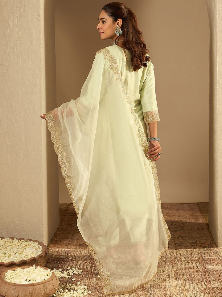 Indo Era Floral Embroidered Notched Neck Liva Straight Kurta With Trousers & Dupatta