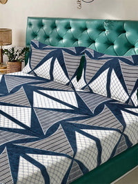 KLOTTHE Blue Geometric Printed Fitted Woolen 300 TC King Bedsheet With 2 Pillow Cover