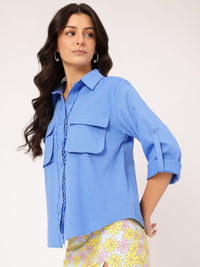 DressBerry Functional Fashion Roll-Up Sleeves Pockets Fringed Placket Shirt