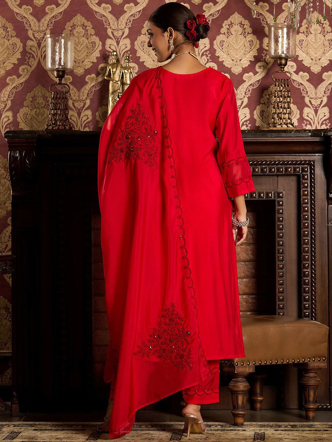 Indo Era Ethnic Motifs Embroidered Sequined Straight Kurta With Trousers & Dupatta
