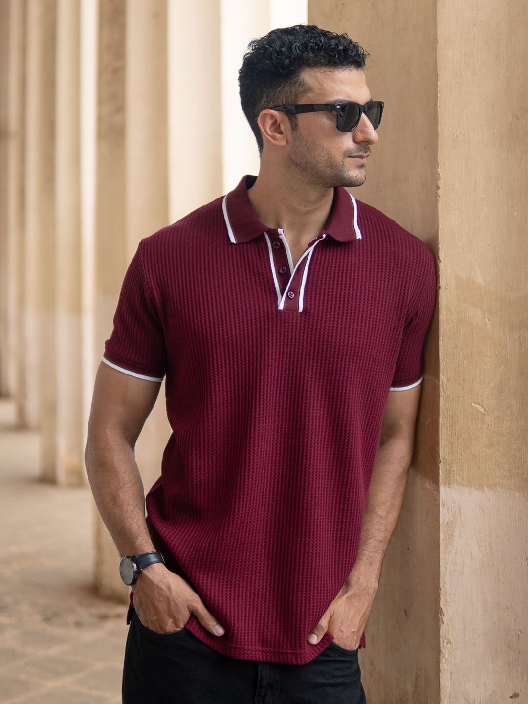Powerlook Men Maroon Self Design Structured Polo Collar T-shirt