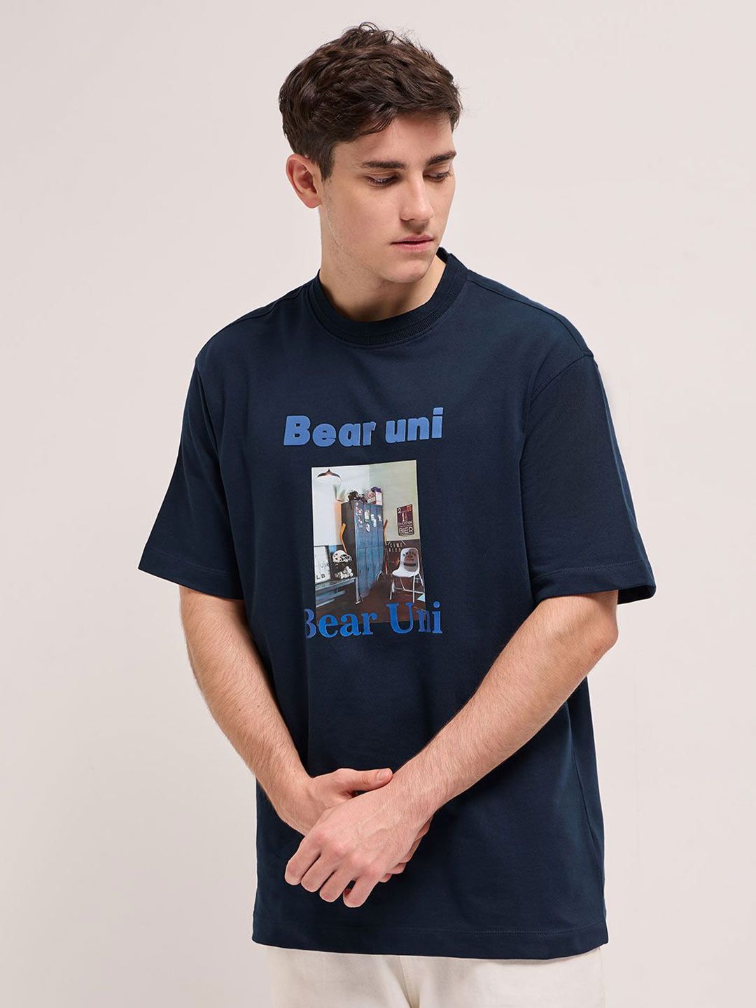 THE BEAR HOUSE Men Graphic Printed Round Neck Pure Cotton Oversized T-shirt