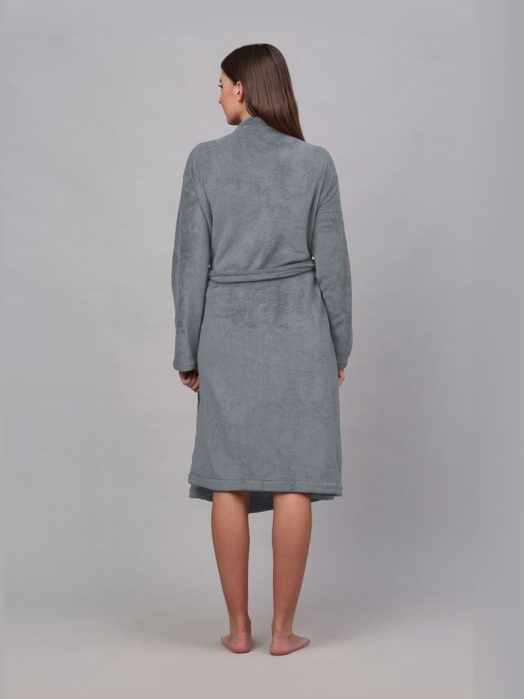 KLOTTHE Grey Woolen Long Sleeve Bath Robe With Belt