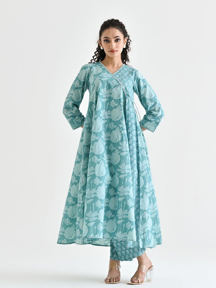 Rustorange Floral Printed Embroidered Neckline Pure Cotton Angarakha Tunic & Trouser