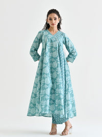 Rustorange Floral Printed Embroidered Neckline Pure Cotton Angarakha Tunic & Trouser