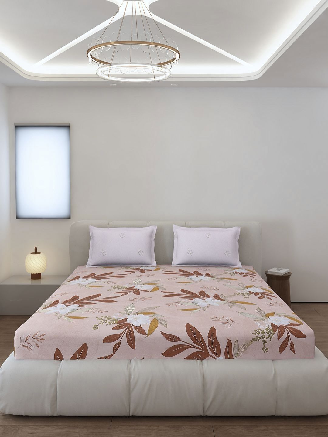 Monte Carlo Edmond Peach-Coloured & Brown Printed 144 TC King Bedsheet Set 2.70 m x 2.70 m