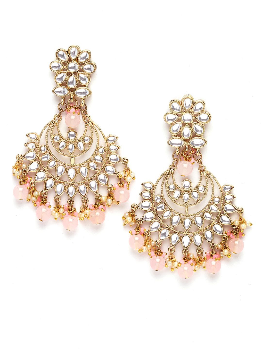 KARATCART Gold-Plated Pink & White Kundan Studded & Beaded Handcrafted Jewellery Set