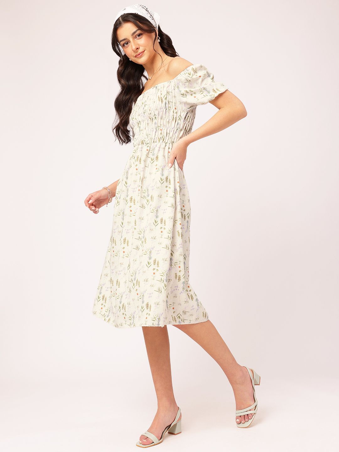 DressBerry Floral Print Off-Shoulder Fit & Flare Midi Dress