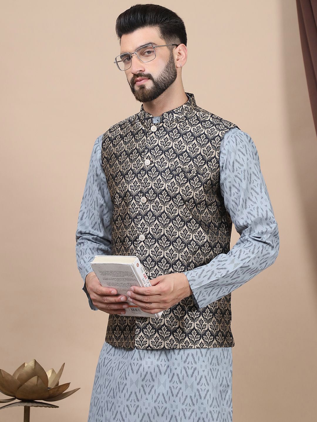 Anouk Geometric Printed Regular Pure Cotton Straight Kurta With Churidar & Nehru Jacket
