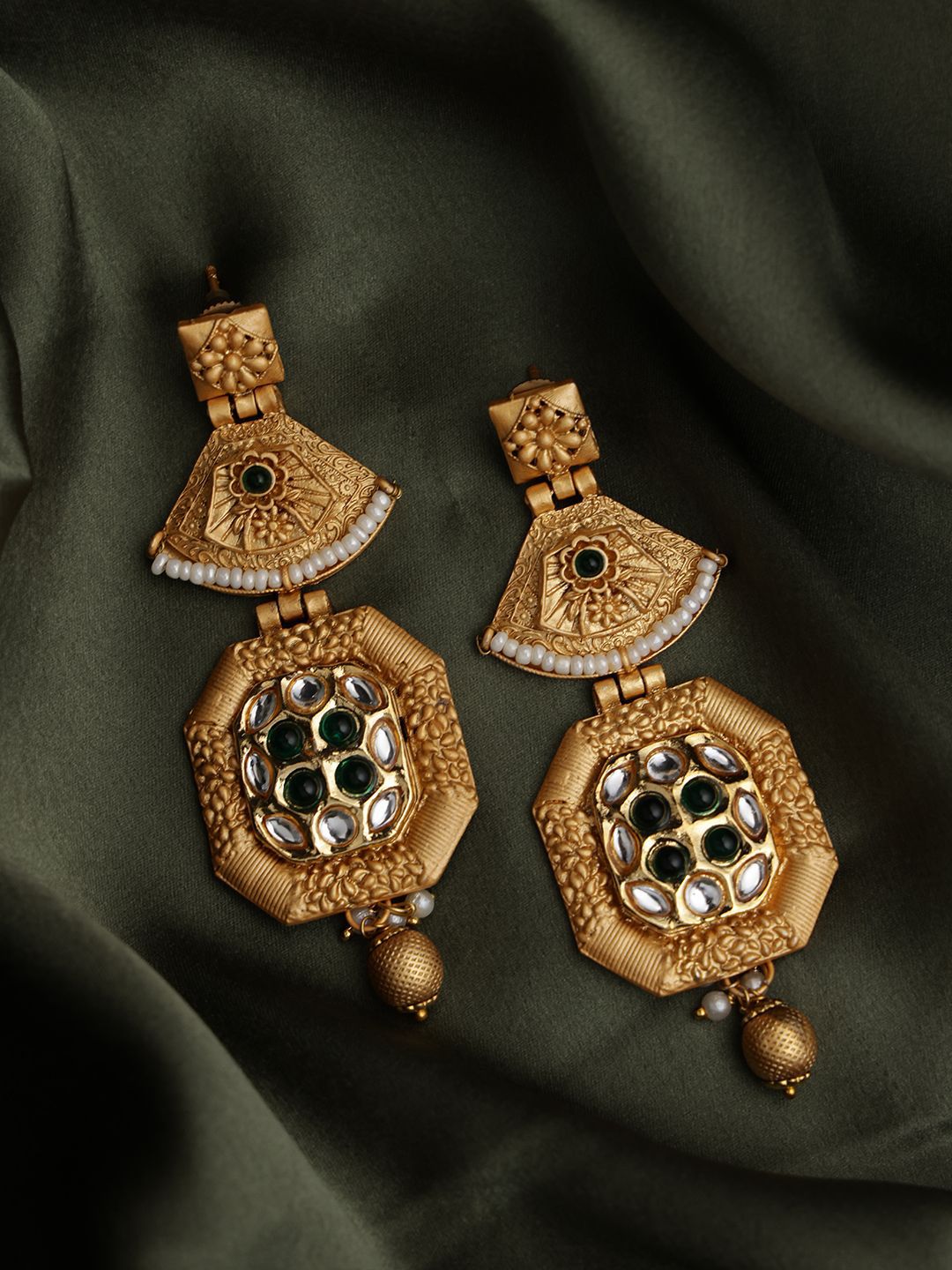 PANASH 22Ct Gold Plated Kundan Studded Drop Earrings