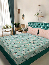 KLOTTHE Green Floral 300 TC Cotton Blend Dilengkapi Cadar Katil Double dengan 2 Sarung Bantal