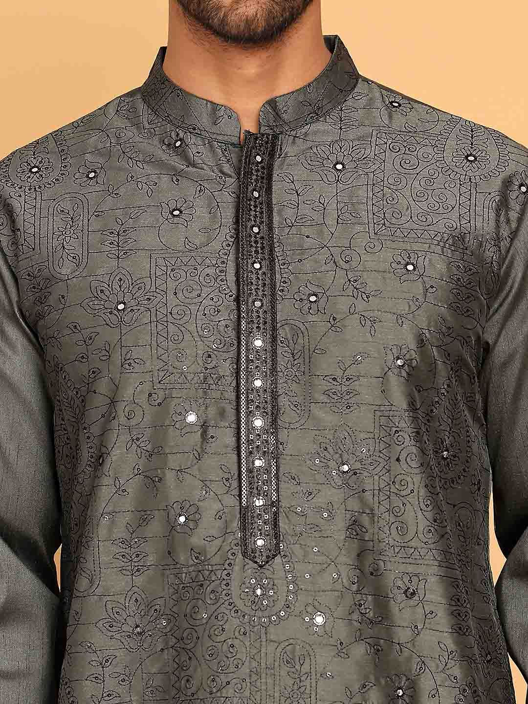 Jompers Floral Embroidered Mandarin Collar Mirror Work Straight Kurta