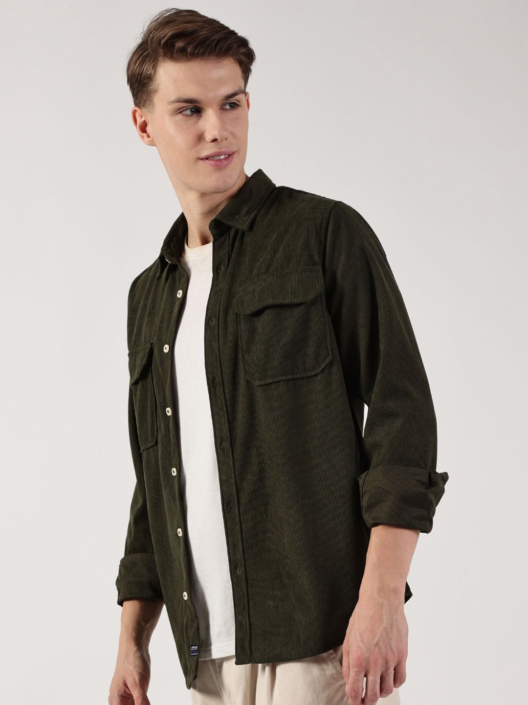 Thomas Scott Men Premium Spread Collar Solid Slim Fit Corduroy Casual Shirt