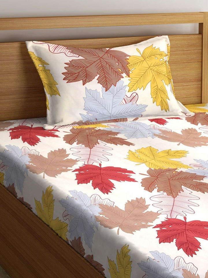 Myntra Elegant Homes White Leaf Cotton 300 TC Single Fine Bedsheet with a Pillow Cover-215 x 150 cm