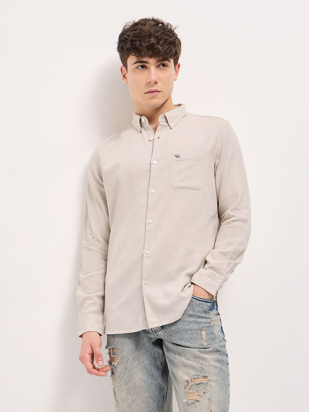 THE BEAR HOUSE Men Button-Down Collar Solid Slim Fit Cotton Shirt