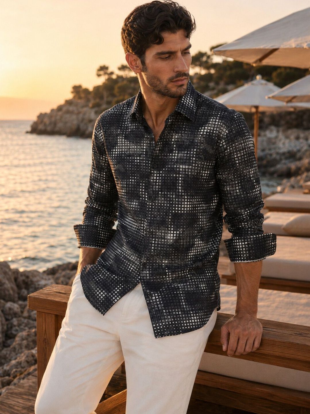 Eszett Geometric Printed Spread Collar Pure Cotton Shirt