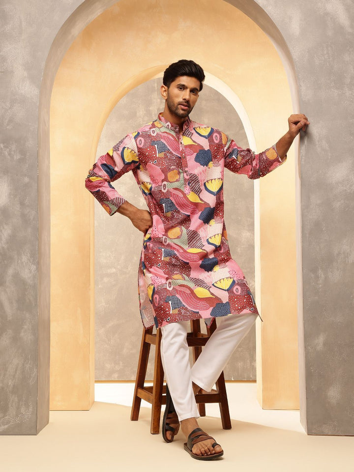 Anouk Abstract Printed Band Collar Straight Cotton Linen Kurta