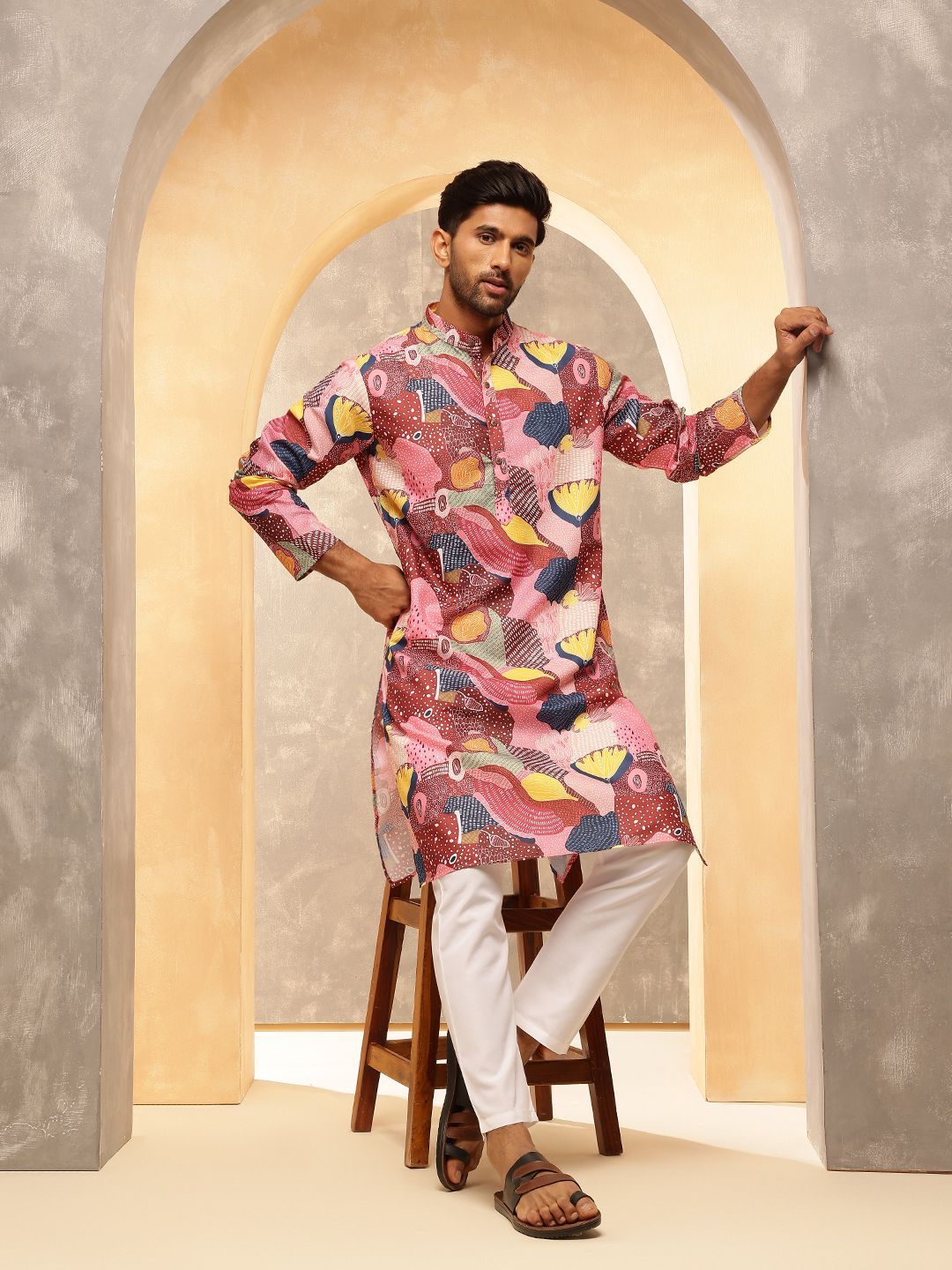 Anouk Abstract Printed Band Collar Straight Cotton Linen Kurta