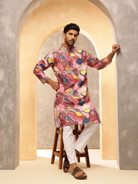 Anouk Abstract Printed Band Collar Straight Cotton Linen Kurta