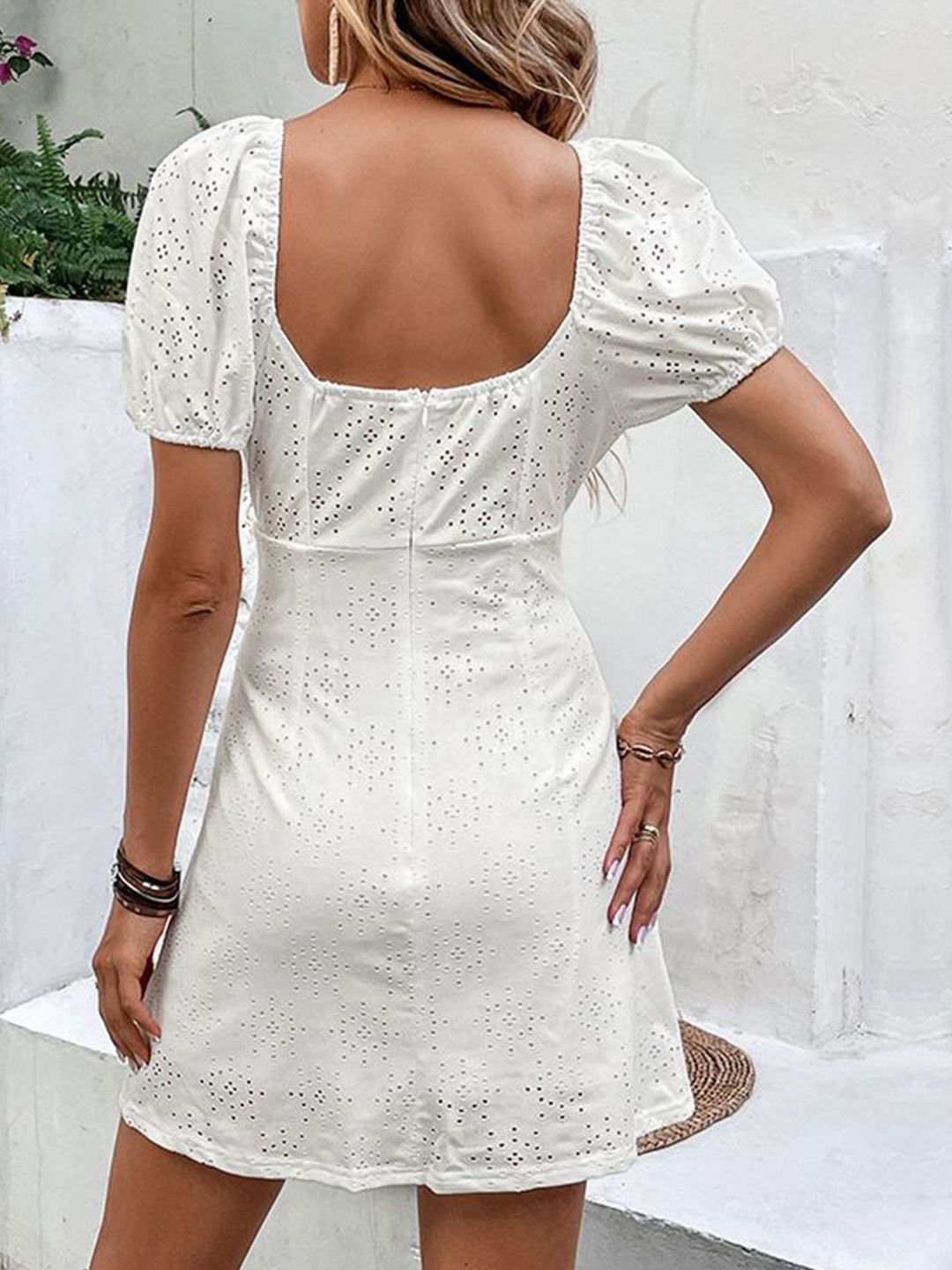 all about you Solid Bow V-Neck Puff Sleeves Above Knee A-Line Dress
