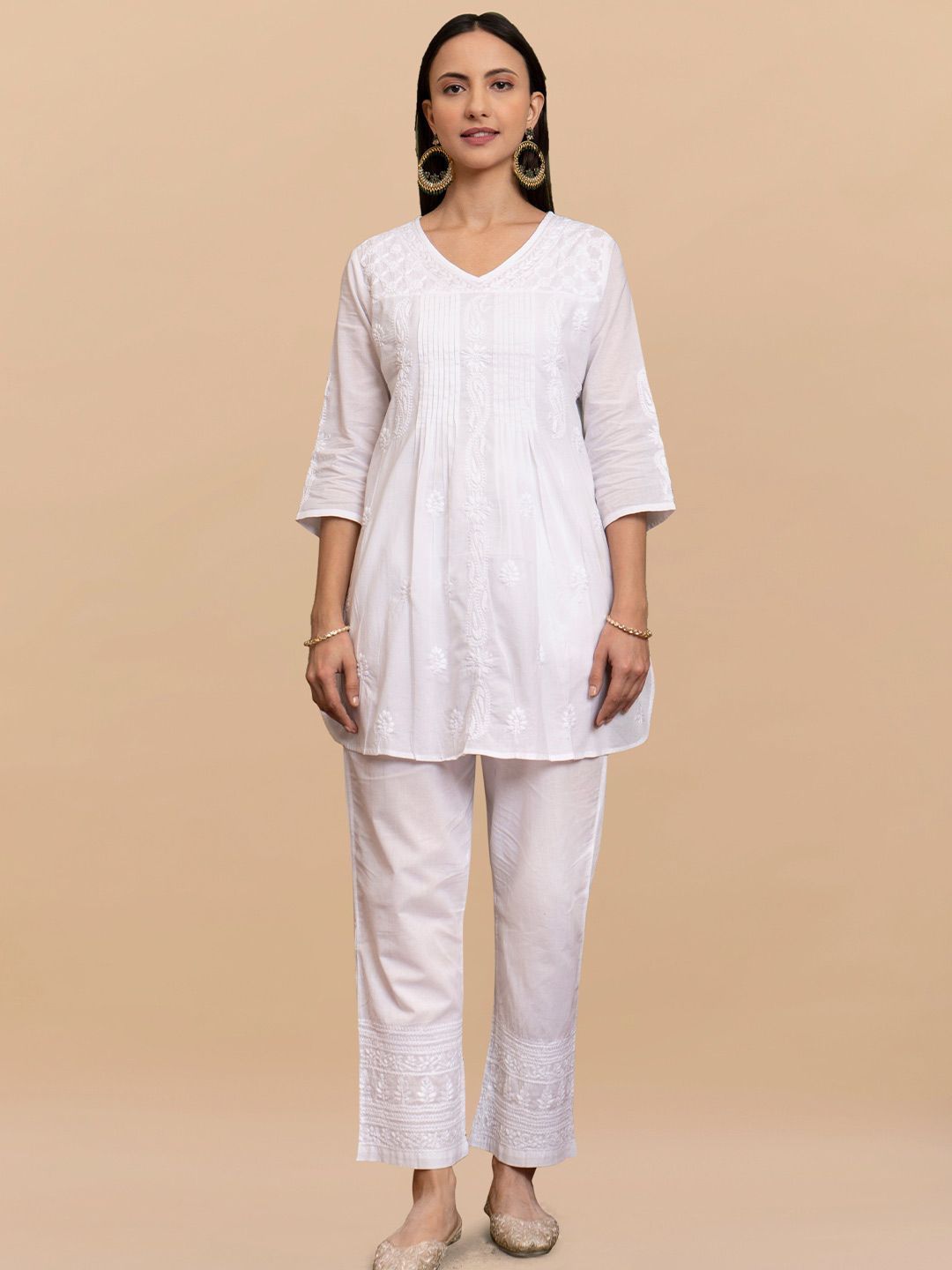 HOUSE OF KARI Floral Embroidered V-Neck Chikankari Pure Cotton A-Line Kurti