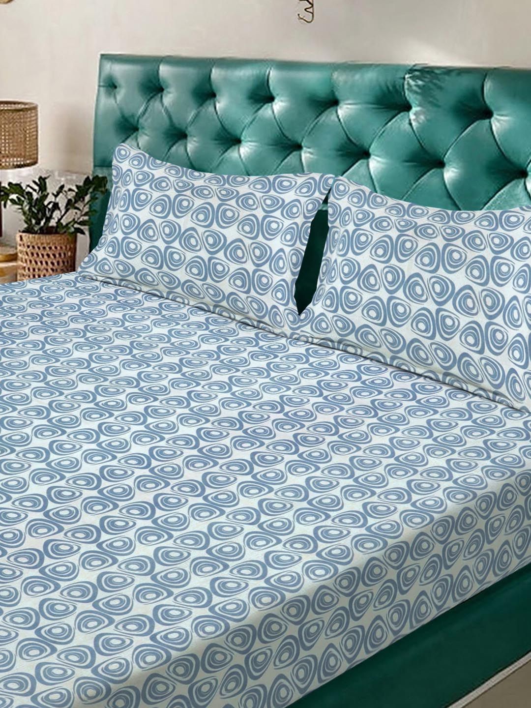 KLOTTHE Blue & White Printed Fitted 300 TC King Double Bedsheet With 2 Pillow Covers