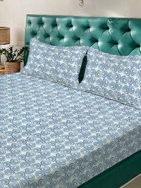 KLOTTHE Blue & White Printed Fitted 300 TC King Double Bedsheet With 2 Pillow Covers