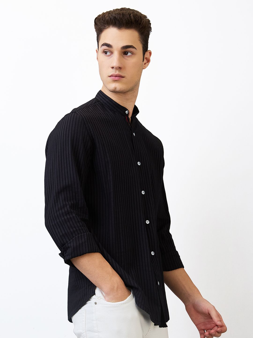 SPYKAR Men Band Collar Vertical Striped Cotton Casual Shirt
