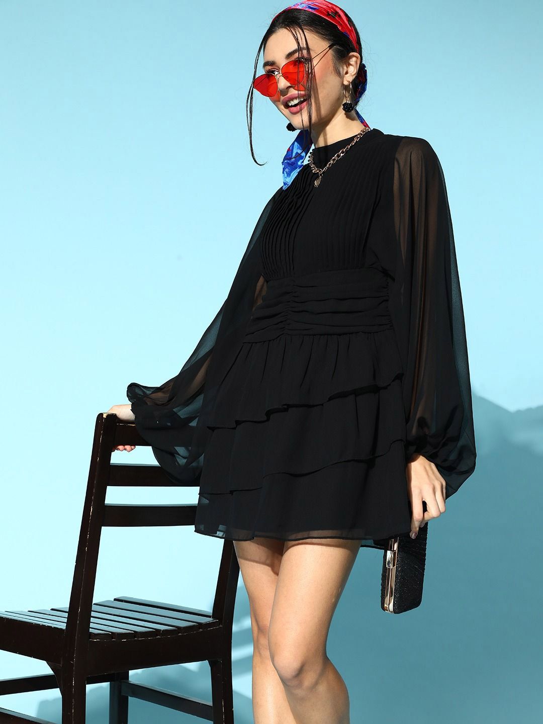 Berrylush Bishop Sleeve Georgette Fit & Flare Dress