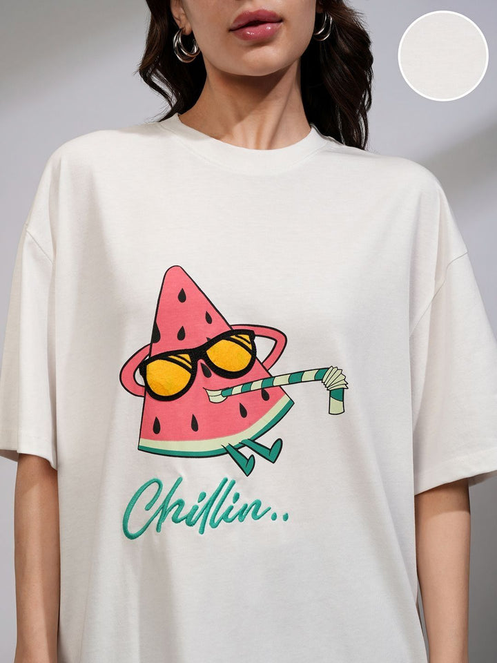Street By Tokyo Talkies Women Solid Oversized Fit Chest and Back Print T-shirt