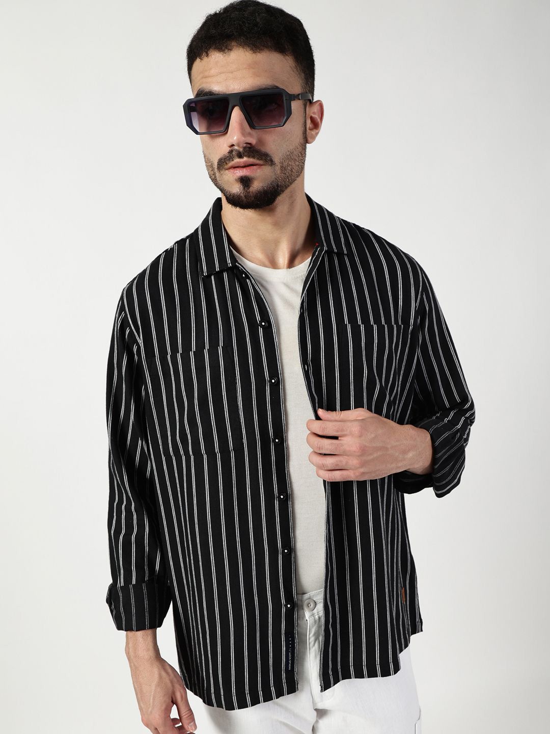 Thomas Scott Men Premium Spread Collar Vertical Striped Cotton Slim Fit Casual Shirt