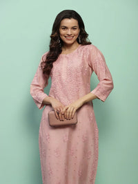 House of Chikankari Women Dust Pink Chanderi Chikankari Embroidered Kurta