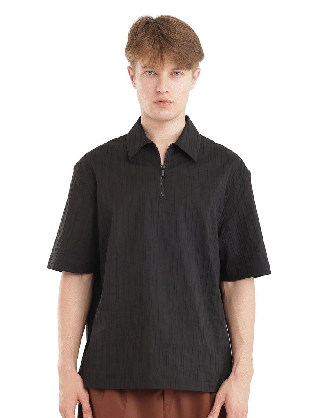 RARE RABBIT Men Polo Collar Self Design Relaxed Fit Cotton T-Shirt