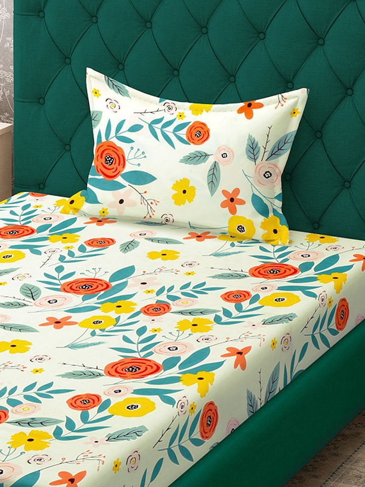 Myntra Elegant Homes White & Red Floral 300 TC Single Bedsheet with 1 Pillow Covers