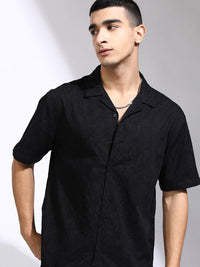 HIGHLANDER Men Jacquard Textured Cuban Collar Relaxed Shirt