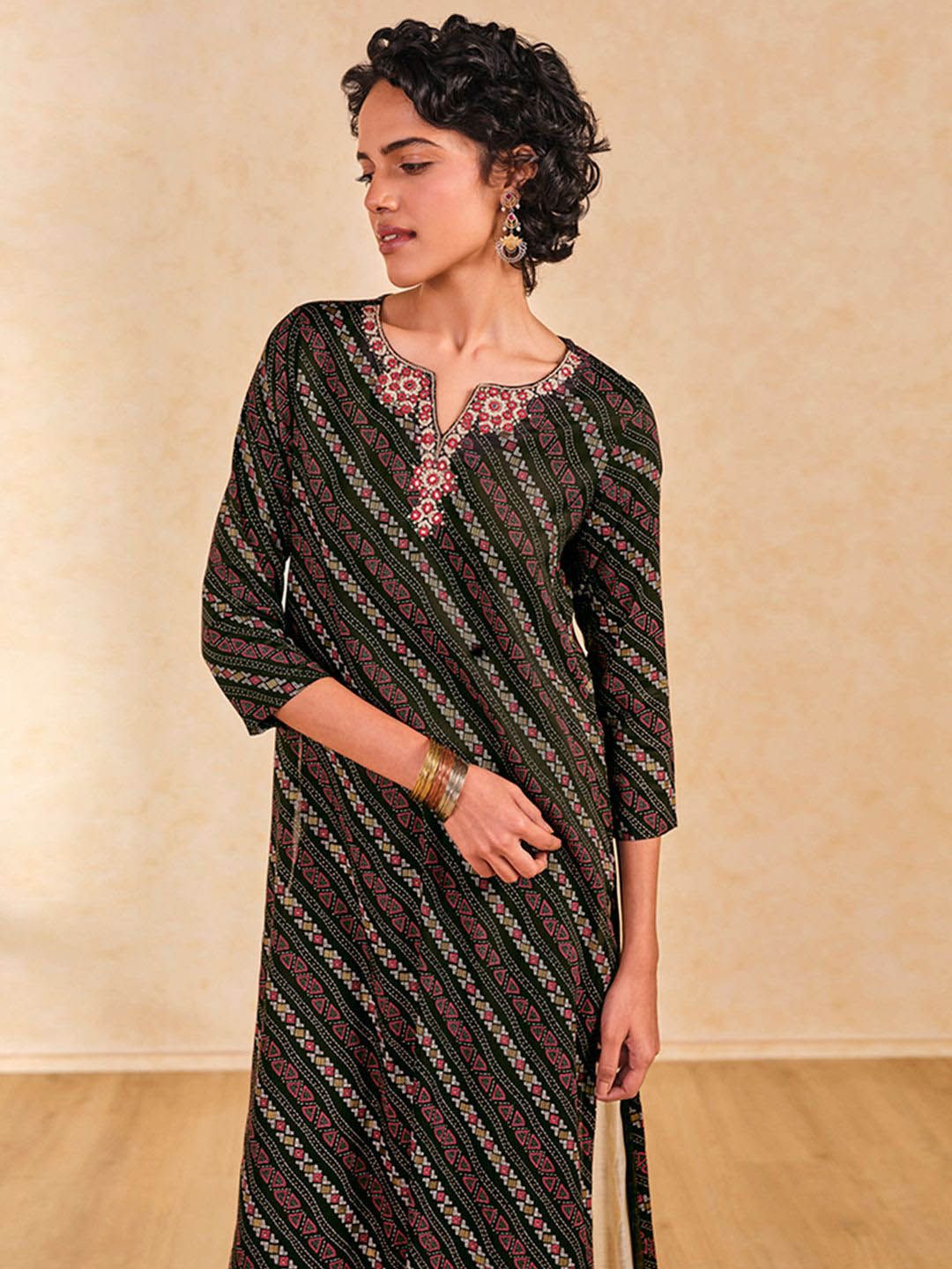 Global Desi Bandhani Printed Mirror Work Straight Kurta