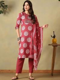 Mamicha Women Ethnic Motifs Printed Regular Mirror Work Pure Cotton Kurta with Trousers & With Dupatta