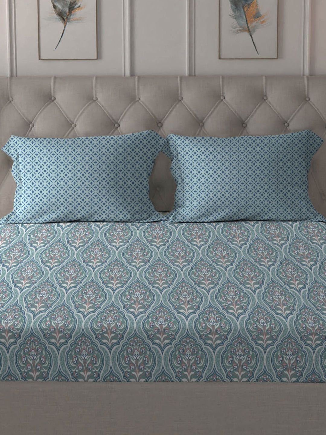 MYTRIDENT Anna Sea Green Dusk & Dawn Flat 144TC Queen Cotton Bedsheet Set