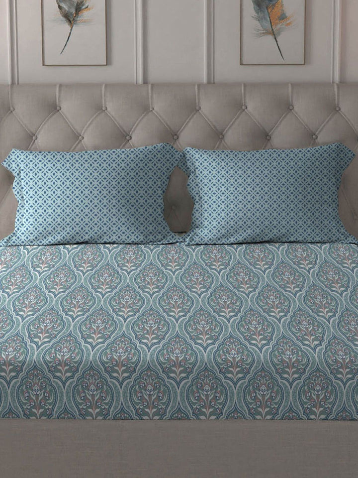 MYTRIDENT Anna Sea Green Dusk & Dawn Flat 144TC Queen Cotton Bedsheet Set