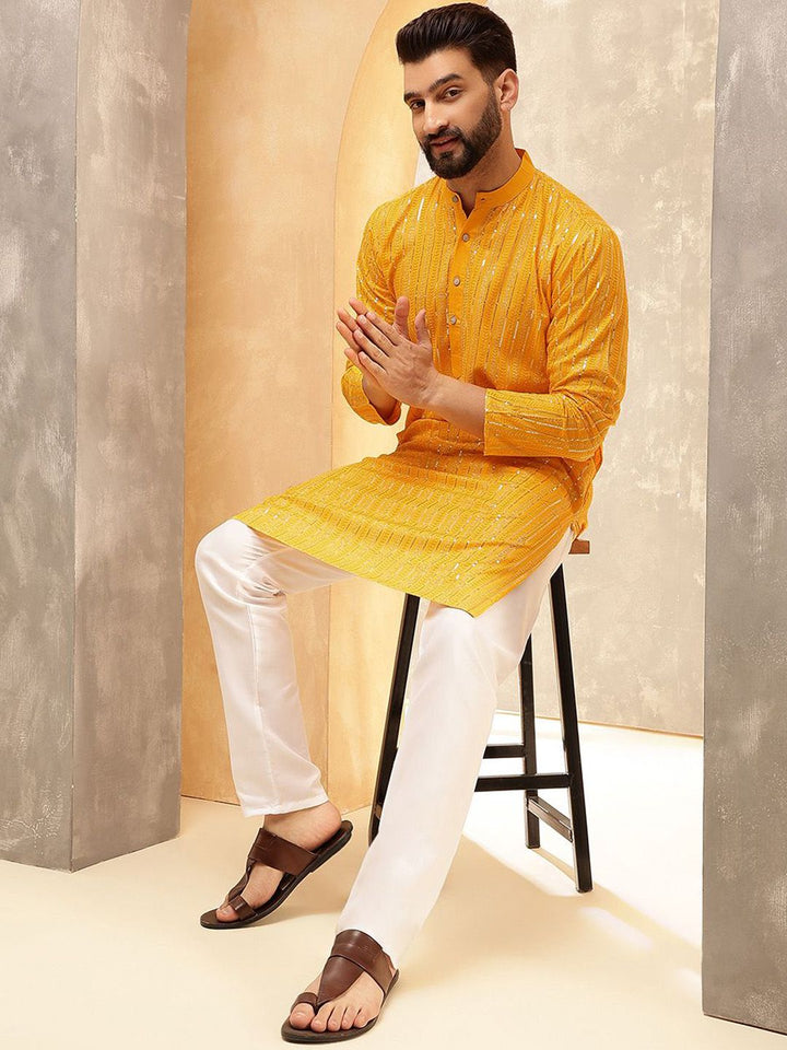 Anouk Mustard Geometric Embroidered Sequence Band Collar Cotton Straight Kurta